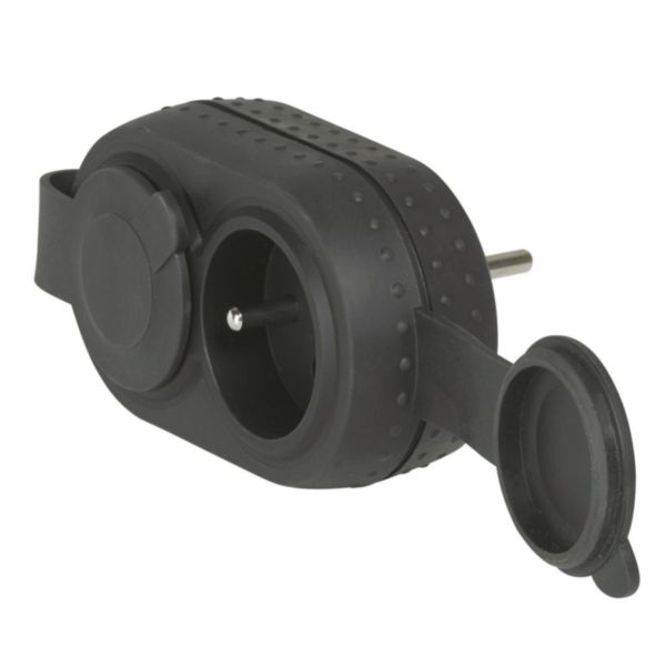 Fiche biplite étanche IP44 avec 2 prises 2P+T 16A 230V frontales antichoc avec 2 bouchons - caoutchouc noir