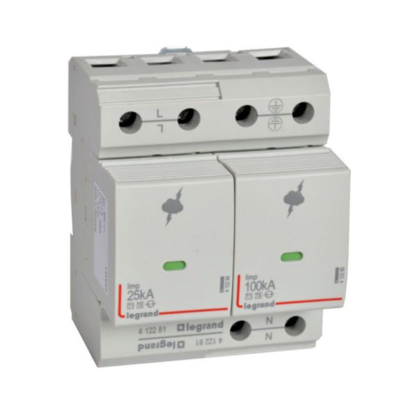 Parafoudre pour protection des installations de risque très élevé typeT1 + typeT2 Iimp 25kA/pôle - 1P+N - 4 modules